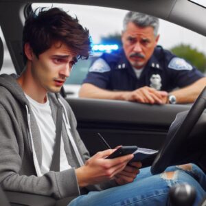 Worried college student in car taking breath test with a police officer outside the car. Example of how law firms can use an AI-generated image for blogs.