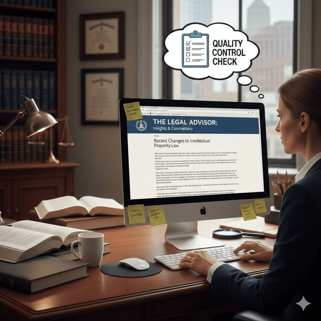 How Attorneys Should Review AI-Generated Content Before Publishing to Their Law Firm Website Attorney reviewing AI-generated legal content on a computer screen with a quality control checklist thought bubble, representing the LQC audit process for law firm websites.