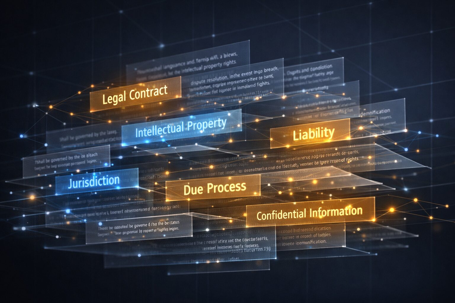 Natural Language Processing in Legal Content: How AI Reads Law Firm Websites An AI-powered visualization of natural language processing for legal content, showing layered panels of interconnected legal concepts — including jurisdiction, liability, intellectual property, and due process — representing how AI search engines like ChatGPT and Google AI Overviews identify semantic relationships in law firm website content.