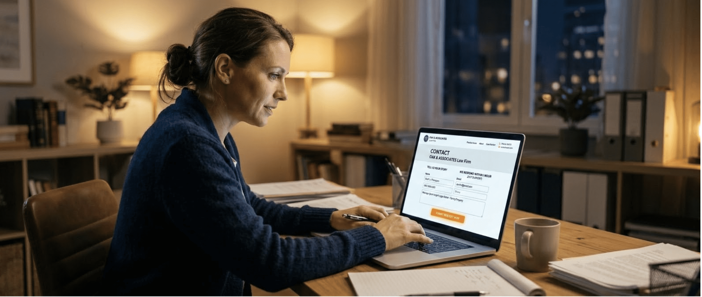 Woman filling out a law firm contact form on a laptop at night, illustrating how high-intent clients reach out to attorneys through law firm websites after hours