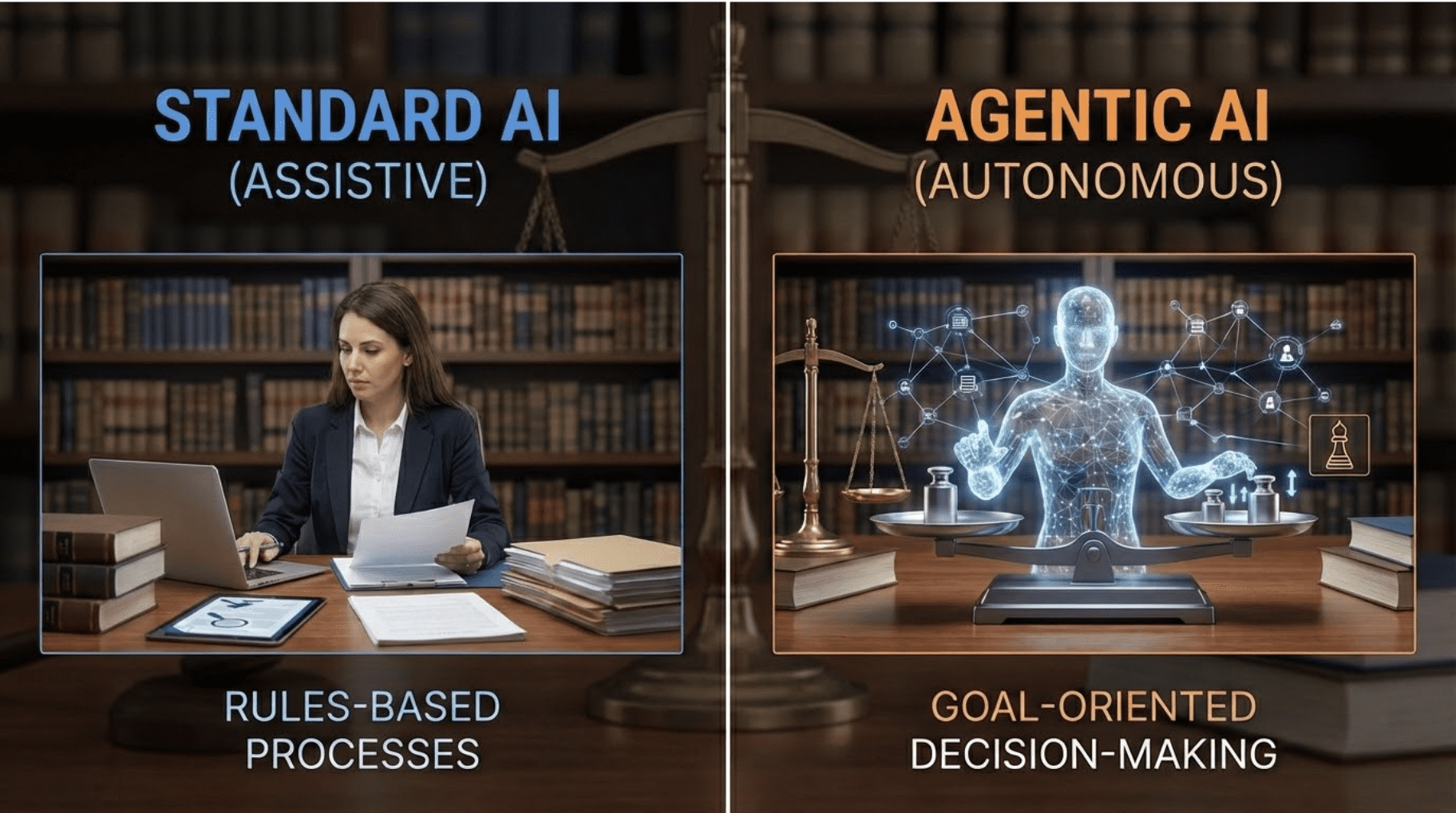 A side-by-side comparison image set against a law library background. On the left, labeled "Standard AI (Assistive)" in blue text, a female attorney sits at a desk reviewing documents on a laptop surrounded by stacked files and legal books, representing rules-based processes. On the right, labeled "Agentic AI (Autonomous)" in orange text, a glowing digital humanoid figure interacts with a set of balanced scales of justice while connected to a network of icons representing tasks and decisions, representing goal-oriented decision-making.