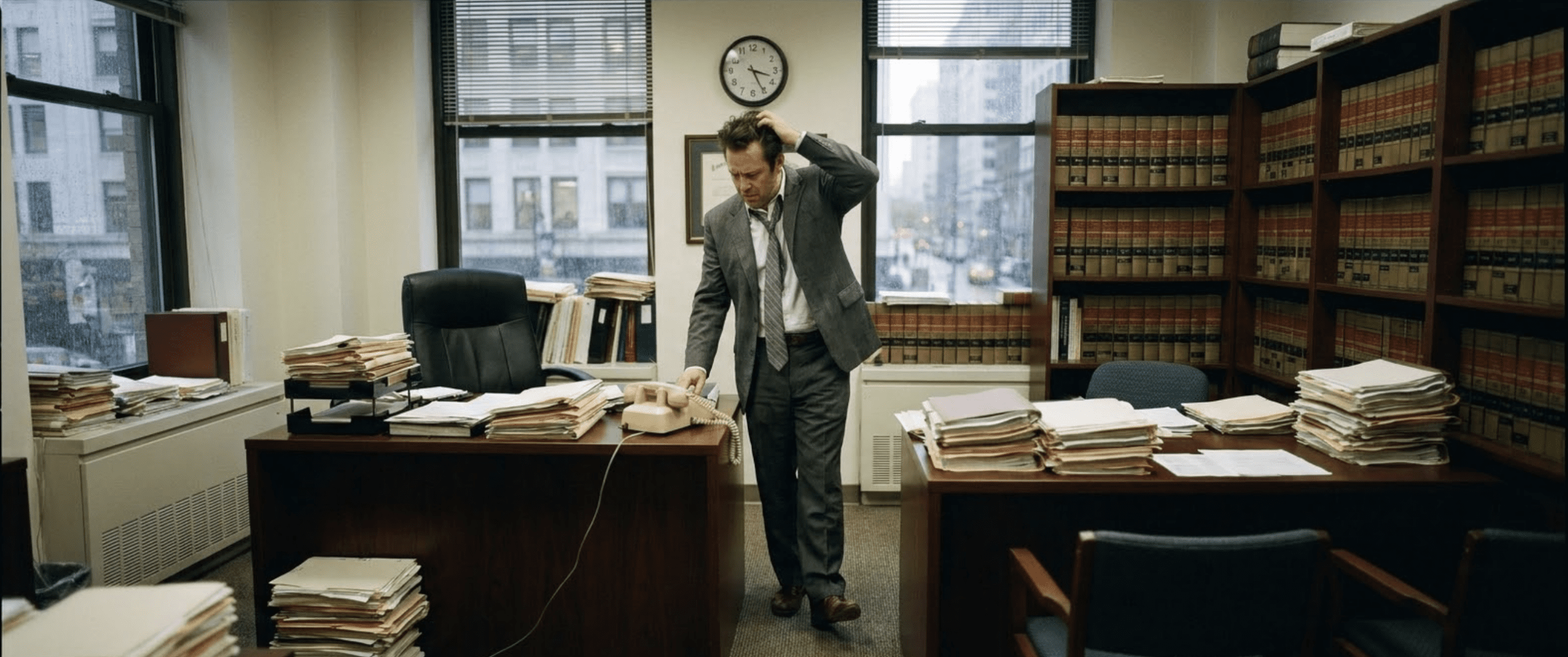 Still Waiting for that Call? A stressed lawyer in a disheveled office leans over his desk toward a silent telephone, surrounded by towering stacks of files and legal reference books.