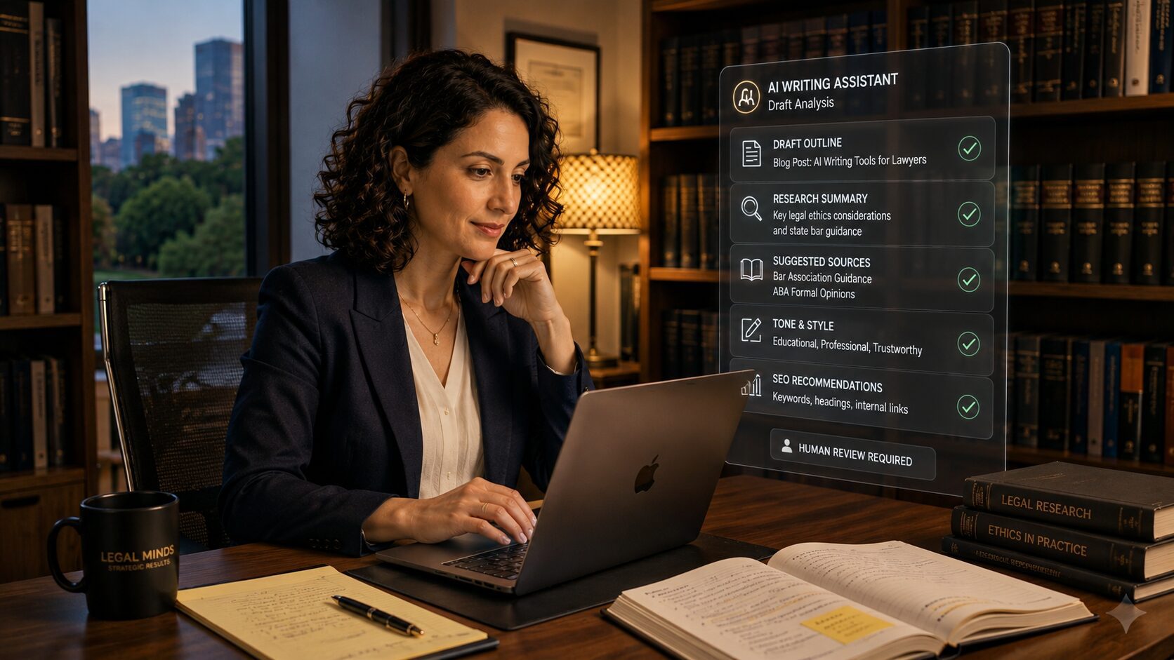AI Writing Tools for Lawyers: A Strategic Guide to ChatGPT, Claude, and Beyond Solo attorney using AI writing tools to review legal marketing content and SEO recommendations in a professional law office.