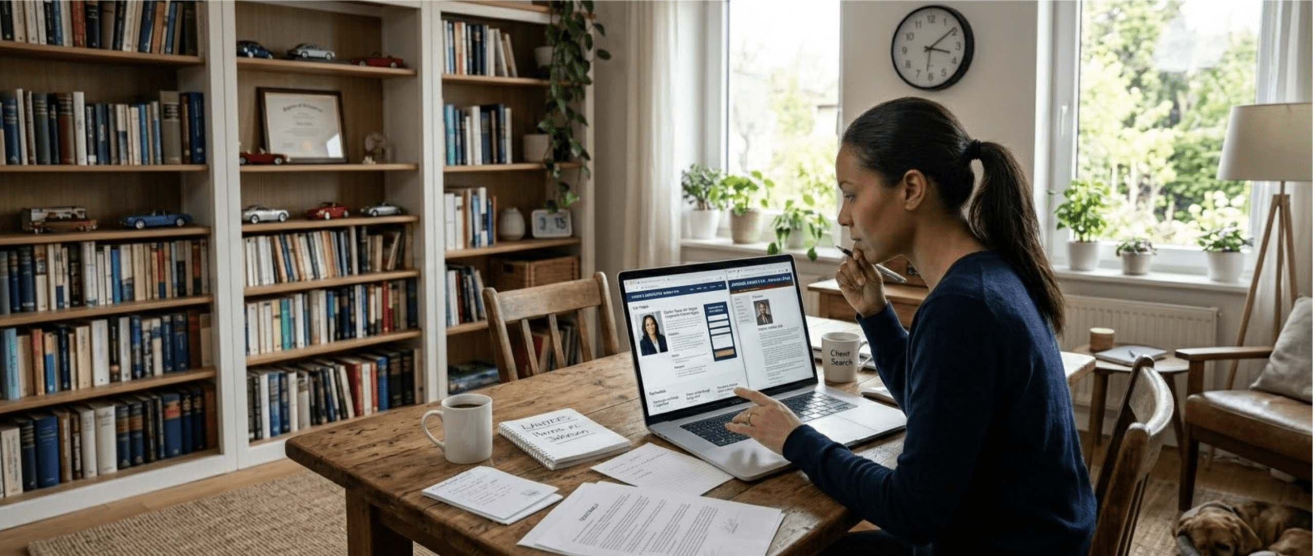 Attorney reviewing her bio on a law firm website An attorney sits at a home office desk reviewing her law firm website on a laptop, with legal notes and a coffee cup nearby, researching how to optimize her attorney bio for AI-generated searches.