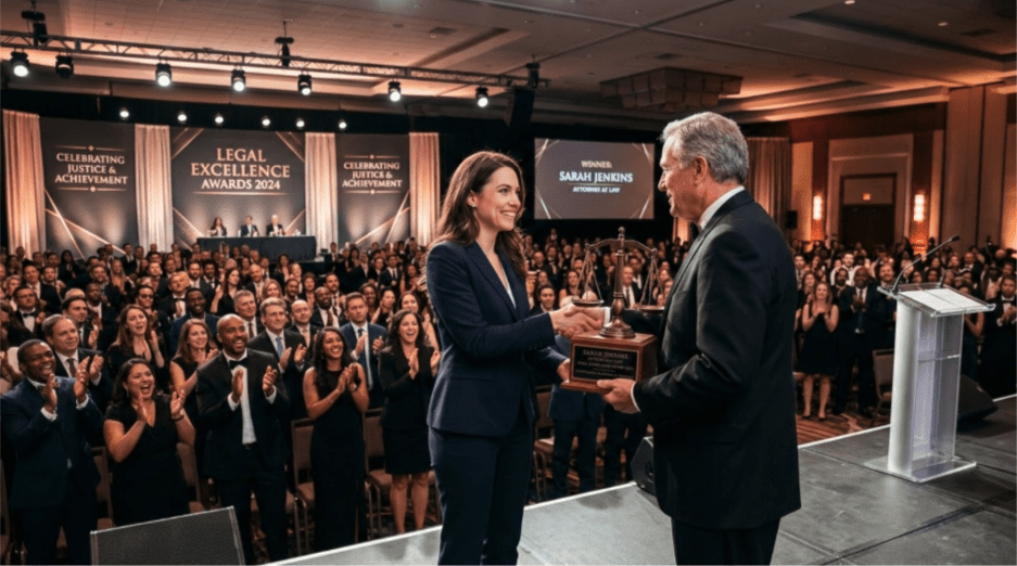Law Firm Award Recognition Ceremony Attorney receiving a legal excellence award on stage at a professional ceremony, with a large audience of legal professionals applauding in the background.