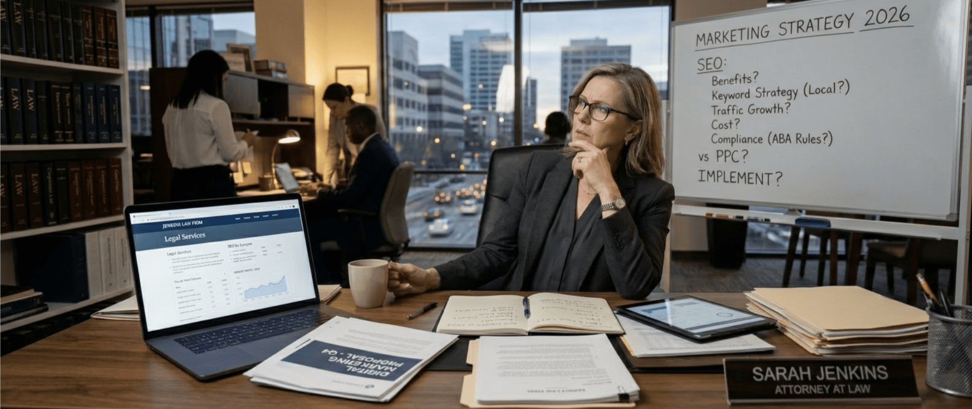 Lawyer at Desk asking about SEO Strategies for 2026 A female attorney sits at her desk reviewing digital marketing analytics on a laptop, with a whiteboard behind her listing SEO questions including keyword strategy, traffic growth, and compliance with ABA rules — representing the decisions law firms face when evaluating their marketing strategy in 2026.