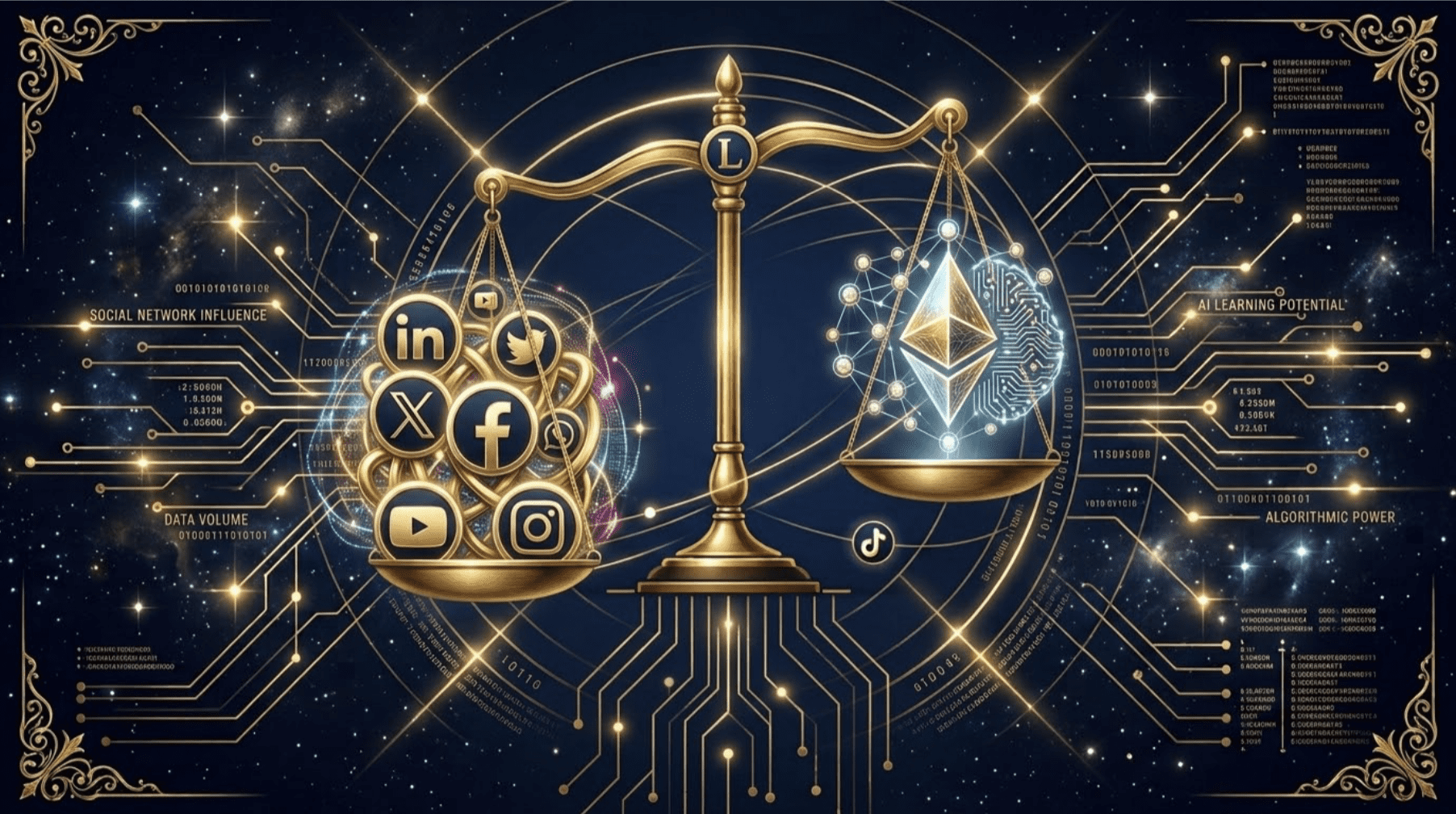 Illustrated scale of justice balancing social media platform icons against an AI neural network, set against a dark blue digital background with circuit patterns and gold accents