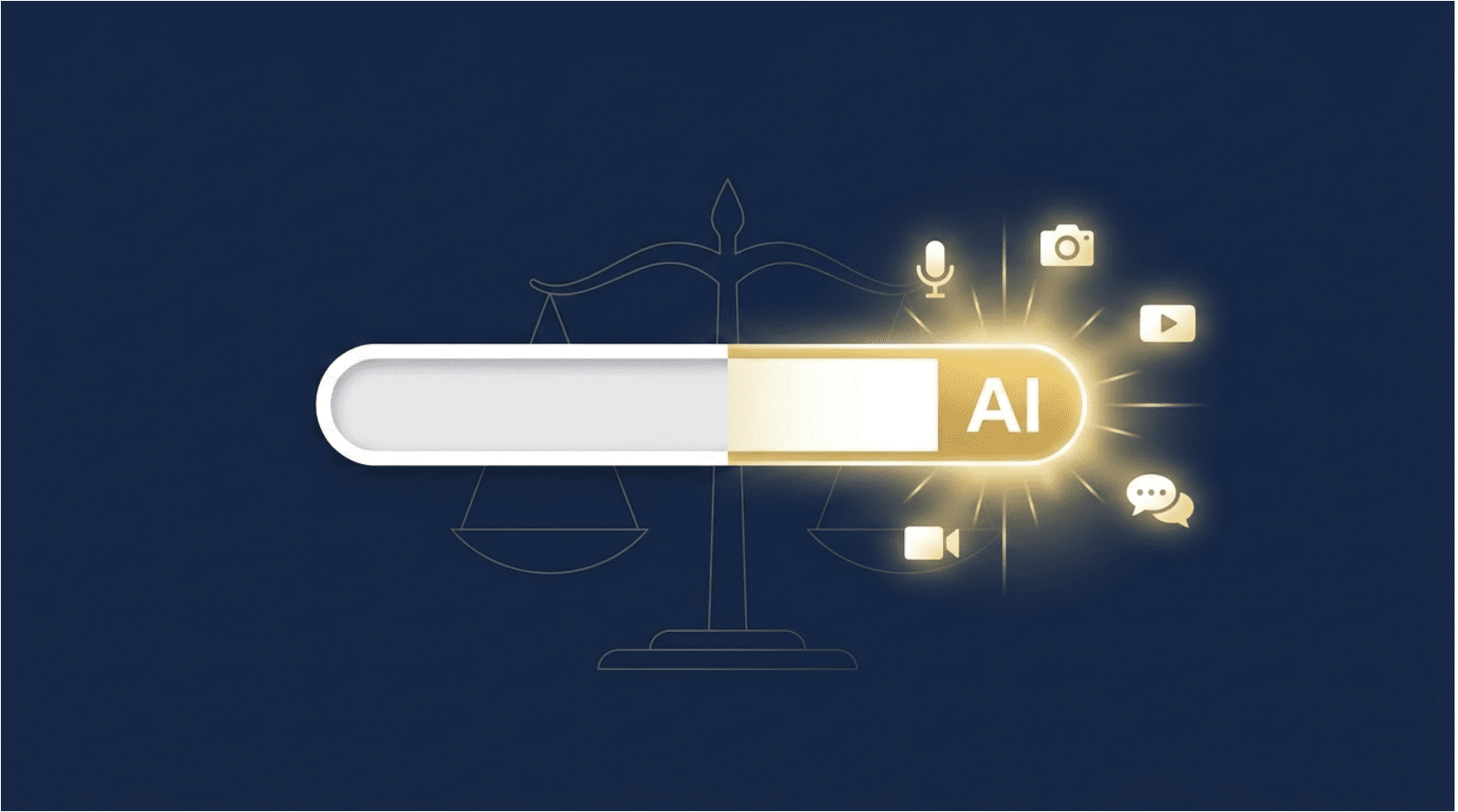 Google I/O 2026: AI Search Changes for Law Firms A traditional Google search box transforms into a glowing AI-powered search interface with voice, camera, and video icons, set against line-art scales of justice, illustrating Google I/O 2026 search changes for law firms.