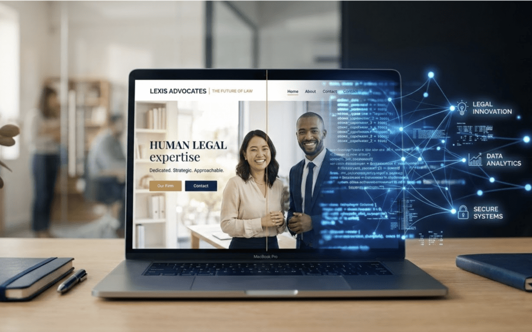 Split-screen laptop showing a law firm homepage designed for both human visitors and AI agents in the agentic web era
