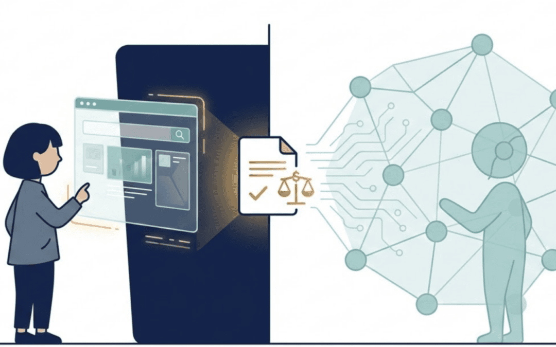 Illustration showing a law firm website connecting through an AI-readable case result to an AI search network