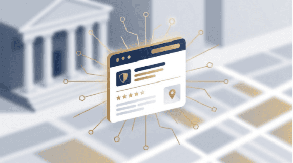 AI Search Signals Reading a Law Firm’s Google Business Profile Illustration of a Google Business Profile card with a shield icon, star rating, and location pin, connected by glowing data lines to a courthouse, representing AI search systems reading a law firm's profile.