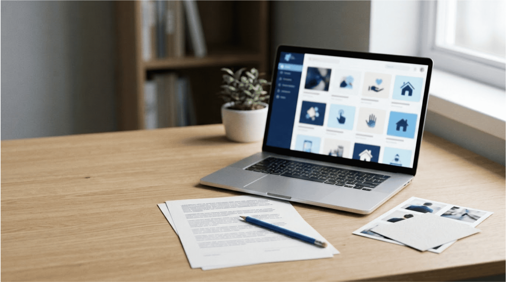 ai-images-law-firm-website-selection Laptop showing a grid of blue-toned website images next to printed pages and photo prints on a desk