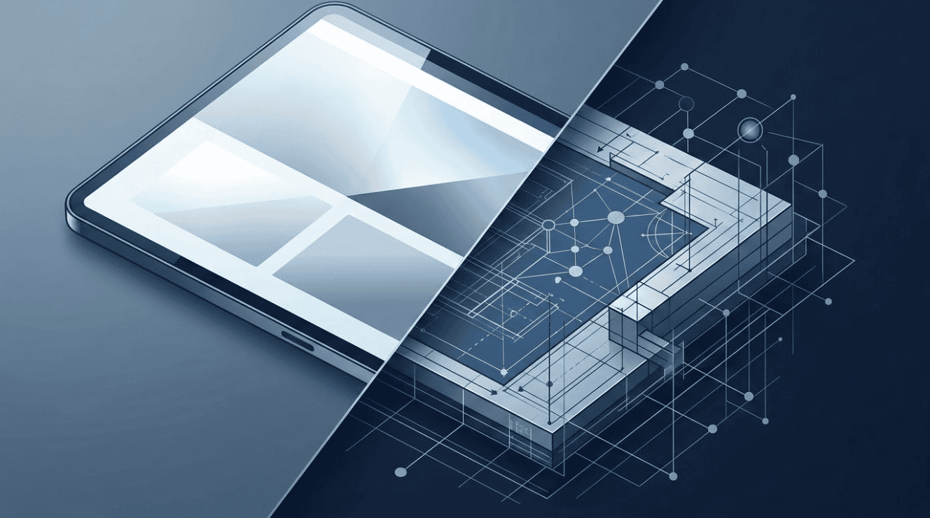 ai-website-builder-structure-vs-surface A website builder screen split in half: one side shows a polished, finished-looking page, the other reveals the structural blueprint underneath it.