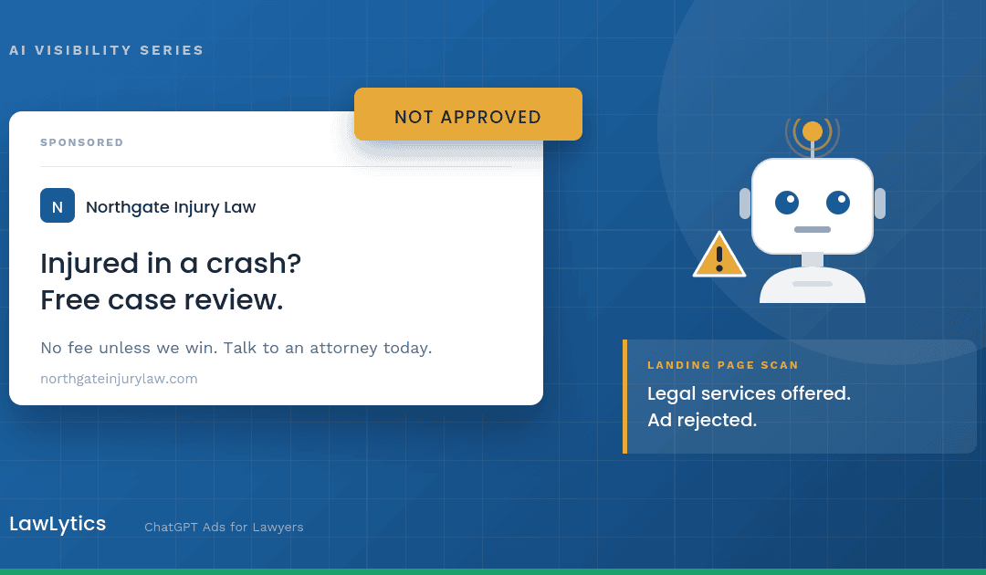 A mock sponsored ChatGPT ad for a fictional personal injury firm stamped Not Approved, with an AI crawler raising an alert that the landing page offers legal services, illustrating why ChatGPT ads for lawyers get rejected.