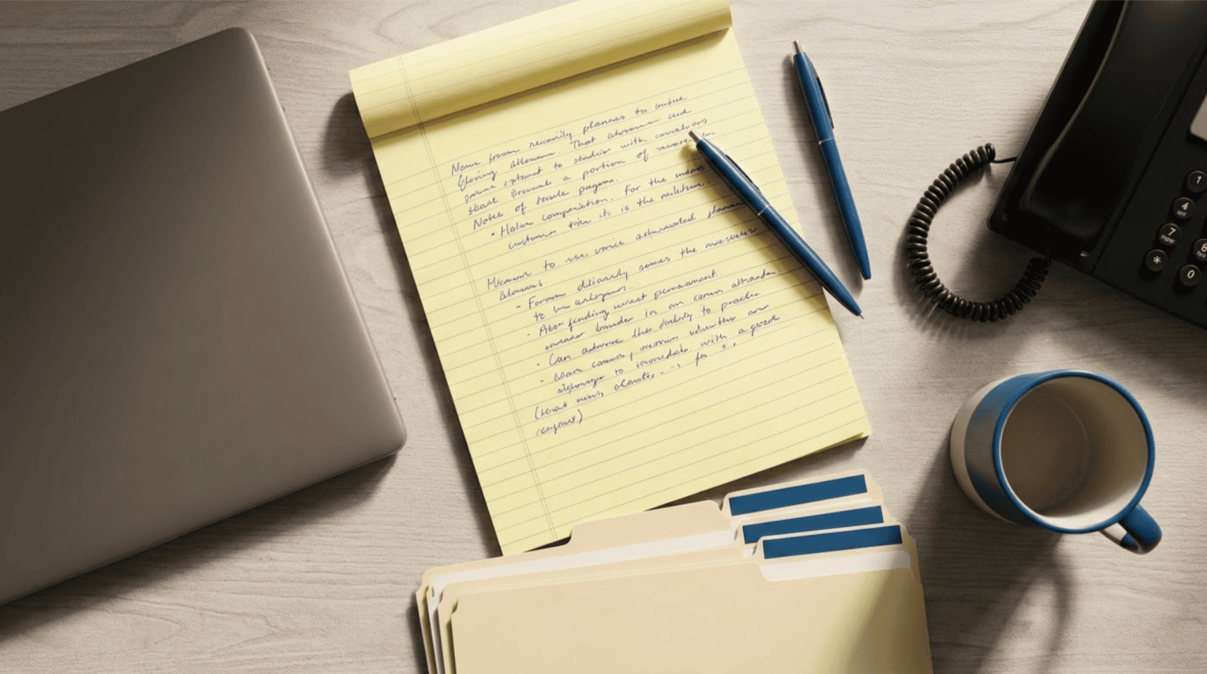 law-firm-website-content-ideas-intake-notes Legal pad with handwritten intake notes on a law office desk beside a desk phone, laptop, and case folders, showing where law firm website content ideas come from.