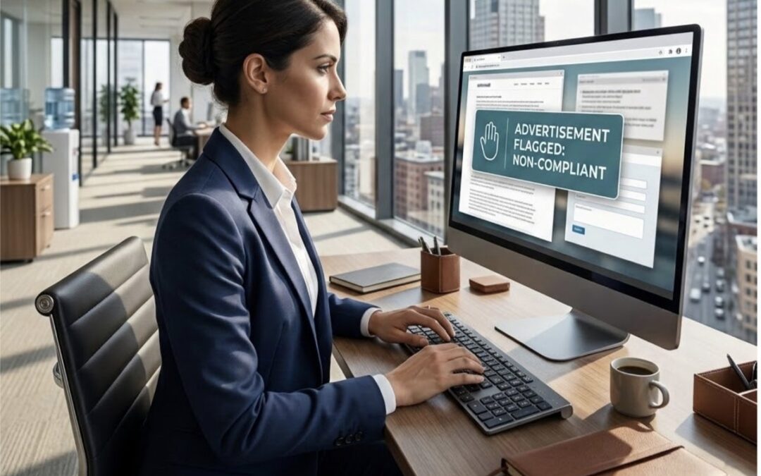 Attorney at her desk reviewing a law firm advertisement flagged as non-compliant by a platform's ad review
