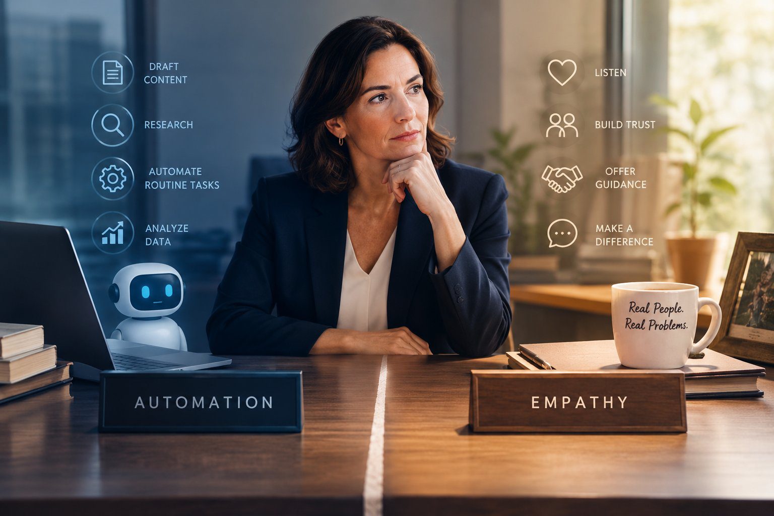 law-firm-automation-vs-empathy Law firm automation and empathy shown as two sides of an attorney's desk