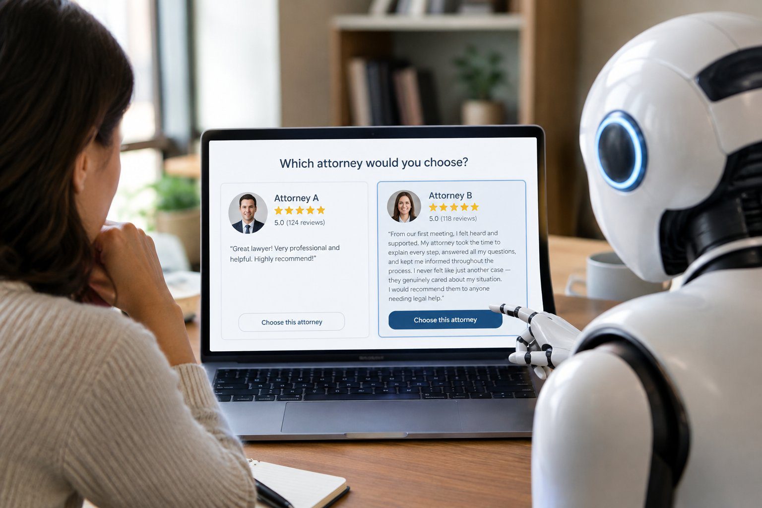 law-firm-reviews-ai-choosing-detailed-review AI robot selecting the attorney whose law firm review describes the client experience in detail over a one-line review