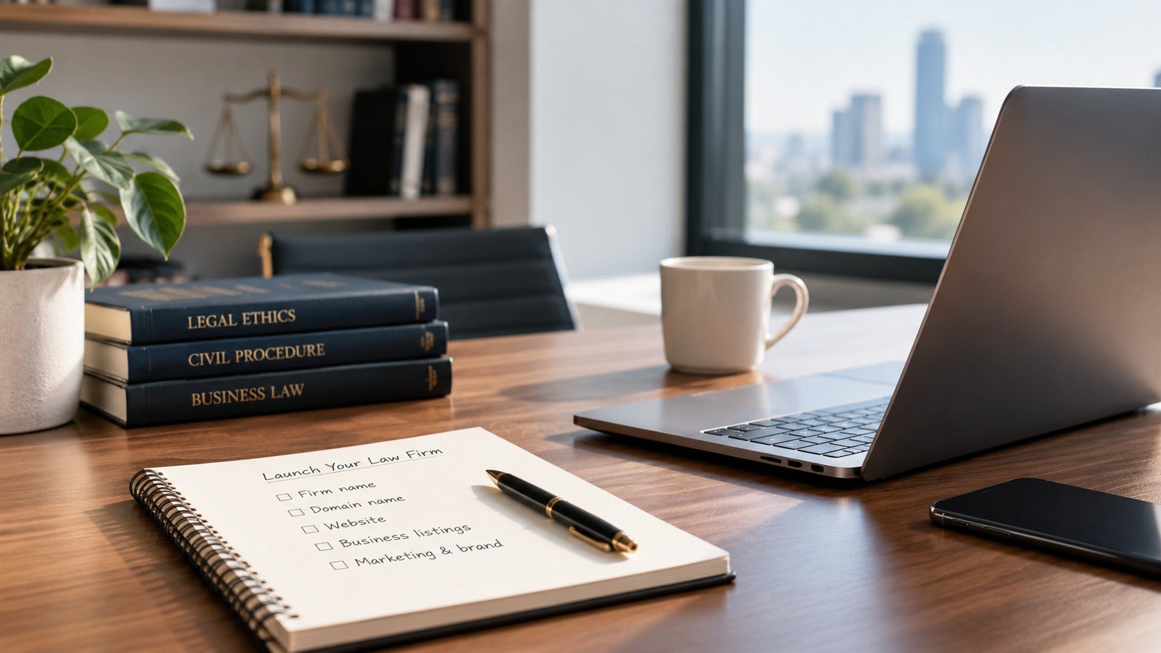 starting-a-law-firm-website-checklist Checklist for starting a law firm website, with firm name, domain name, website, business listings, and marketing steps noted on a desk notepad.