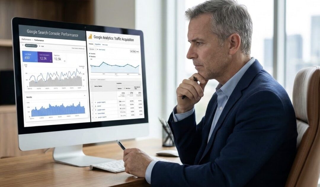 Attorney at a desk reviewing a Google Search Console performance report and a Google Analytics traffic acquisition report side by side on a desktop monitor.